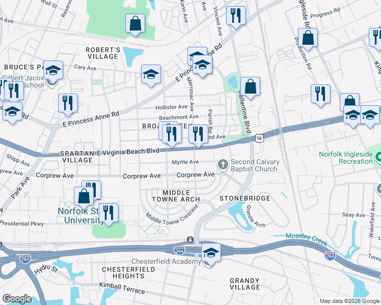 map of restaurants, bars, coffee shops, grocery stores, and more near 986 Merrimac Avenue in Norfolk