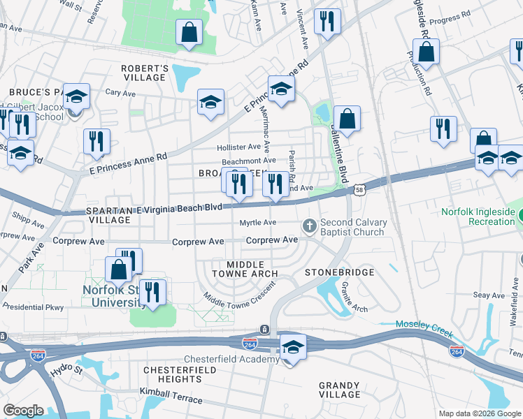 map of restaurants, bars, coffee shops, grocery stores, and more near 2821 East Virginia Beach Boulevard in Norfolk