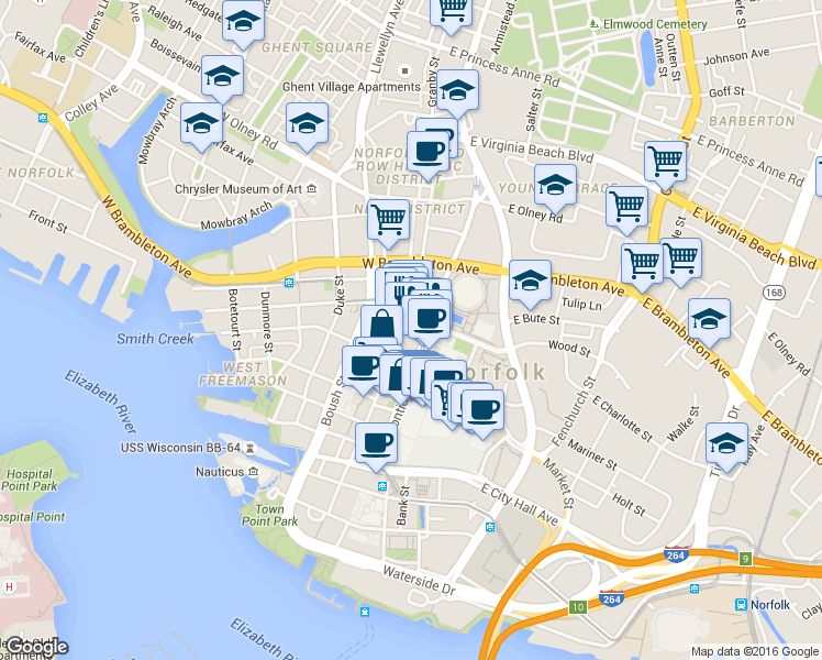 map of restaurants, bars, coffee shops, grocery stores, and more near 435 Monticello Avenue in Norfolk