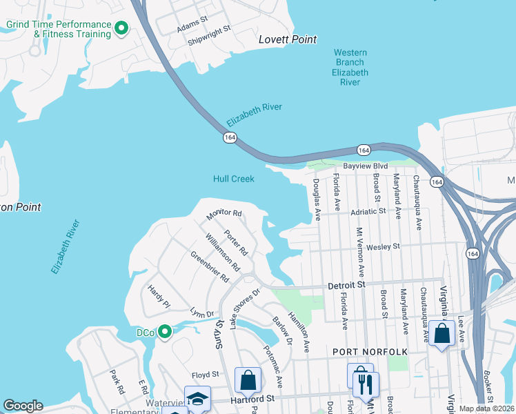 map of restaurants, bars, coffee shops, grocery stores, and more near 3761 Mississippi Avenue in Portsmouth