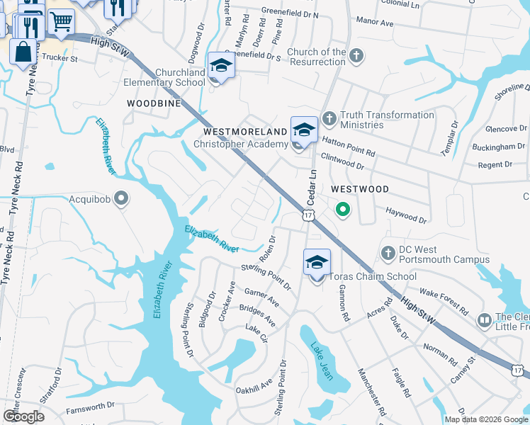 map of restaurants, bars, coffee shops, grocery stores, and more near 3075 Reese Drive in Portsmouth