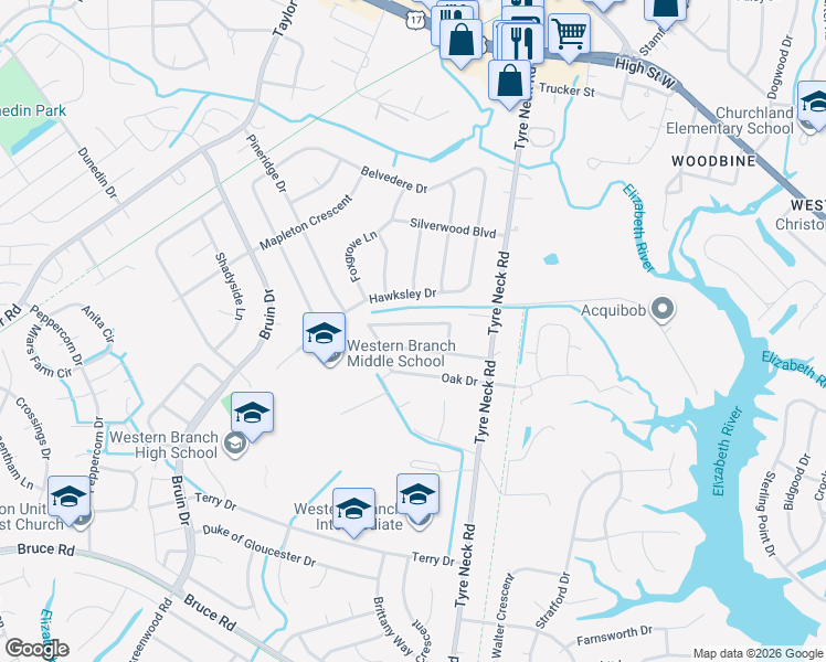map of restaurants, bars, coffee shops, grocery stores, and more near 4009 Birchwood Avenue in Chesapeake