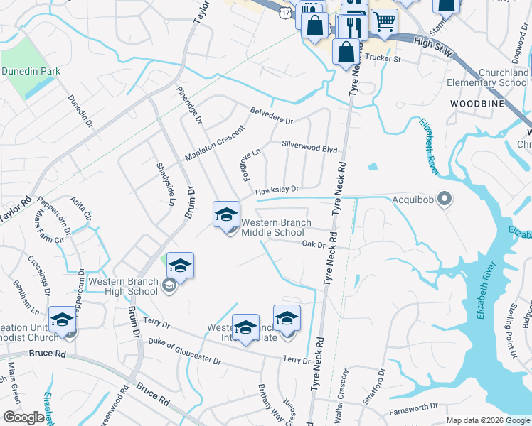 map of restaurants, bars, coffee shops, grocery stores, and more near 4025 Birchwood Avenue in Chesapeake