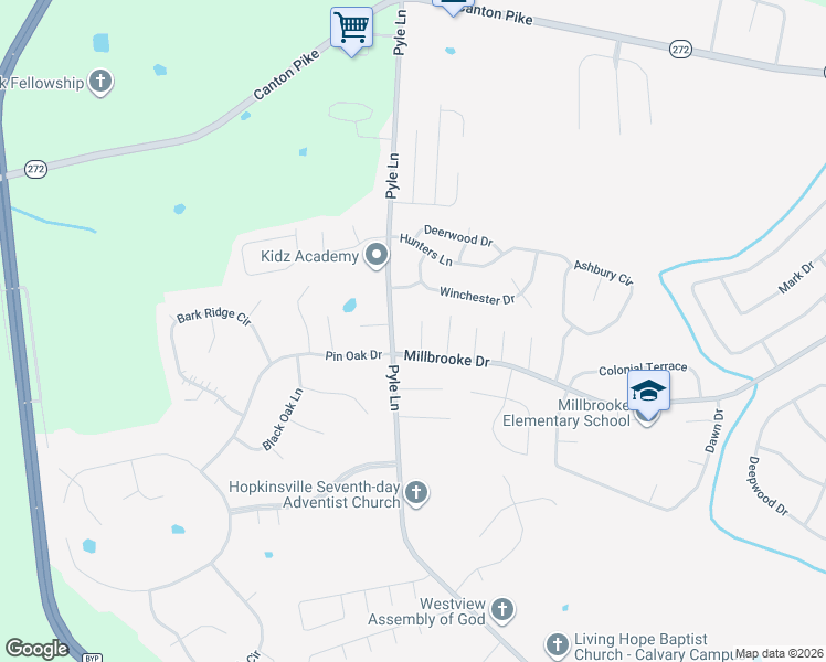 map of restaurants, bars, coffee shops, grocery stores, and more near 1001-1099 Mill Run Court in Hopkinsville