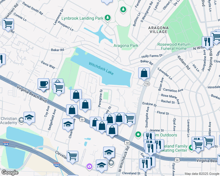 map of restaurants, bars, coffee shops, grocery stores, and more near 534 Peregrine St in Virginia Beach