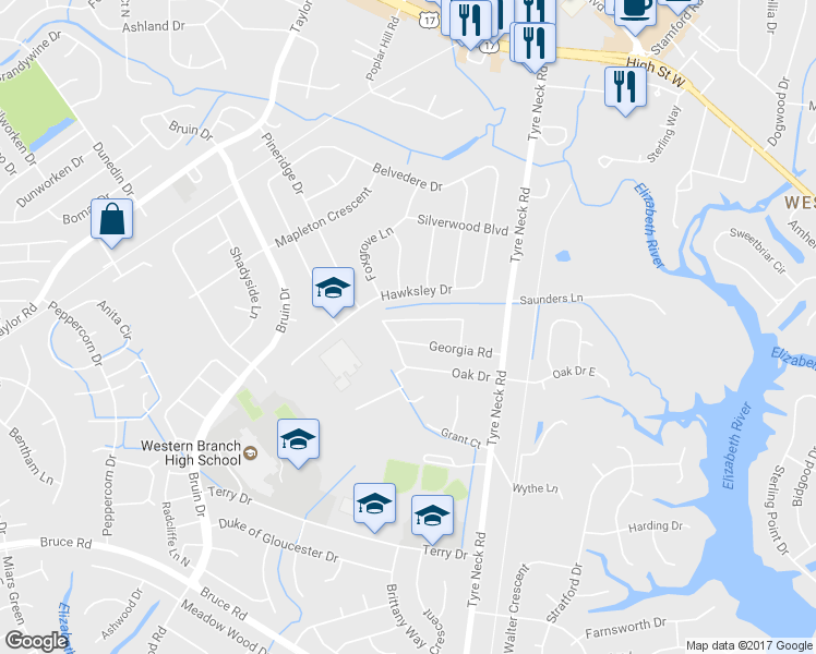 map of restaurants, bars, coffee shops, grocery stores, and more near 4025 Birchwood Avenue in Chesapeake