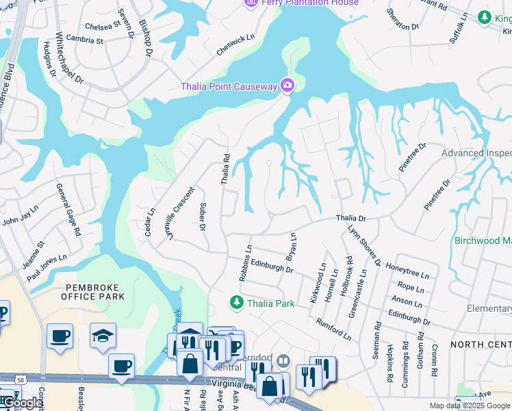 map of restaurants, bars, coffee shops, grocery stores, and more near 617 Greentree Drive in Virginia Beach