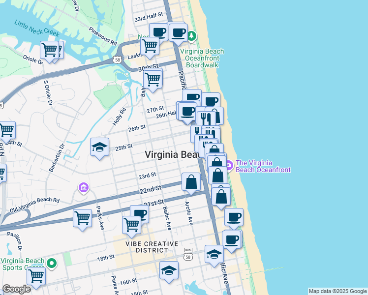 map of restaurants, bars, coffee shops, grocery stores, and more near 315 24th Street in Virginia Beach