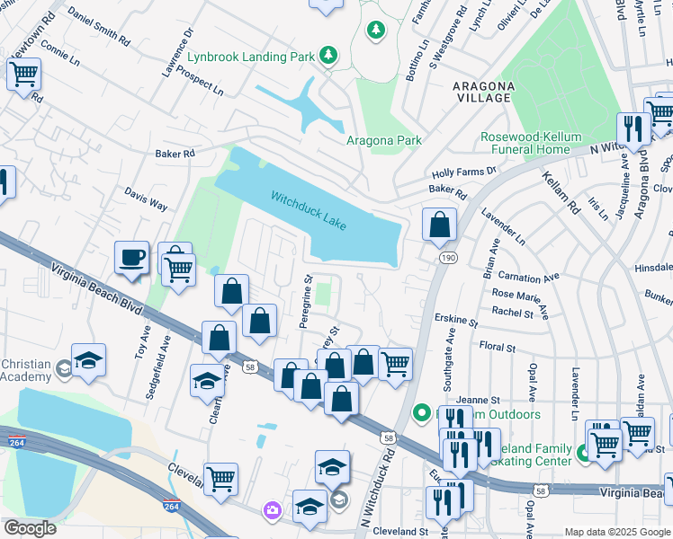 map of restaurants, bars, coffee shops, grocery stores, and more near 534 Peregrine St in Virginia Beach