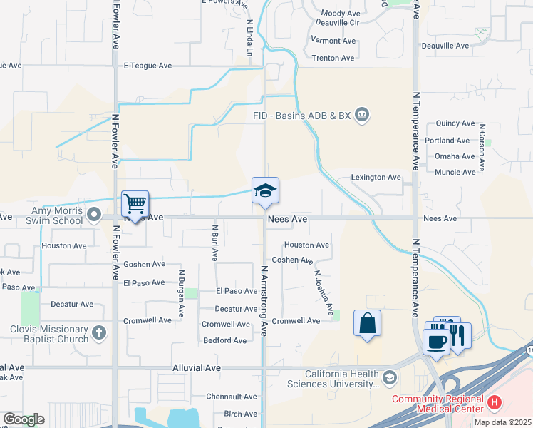 map of restaurants, bars, coffee shops, grocery stores, and more near 1273 North Armstrong Avenue in Clovis