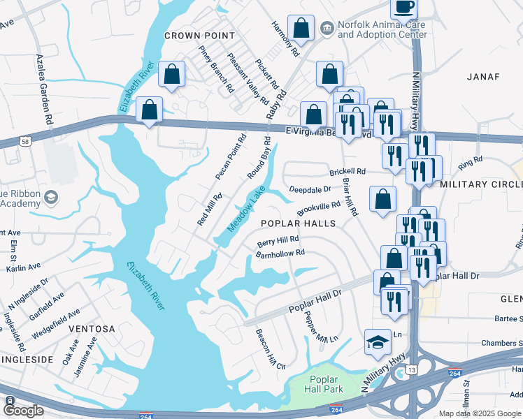 map of restaurants, bars, coffee shops, grocery stores, and more near 727 Bayberry Lane in Norfolk