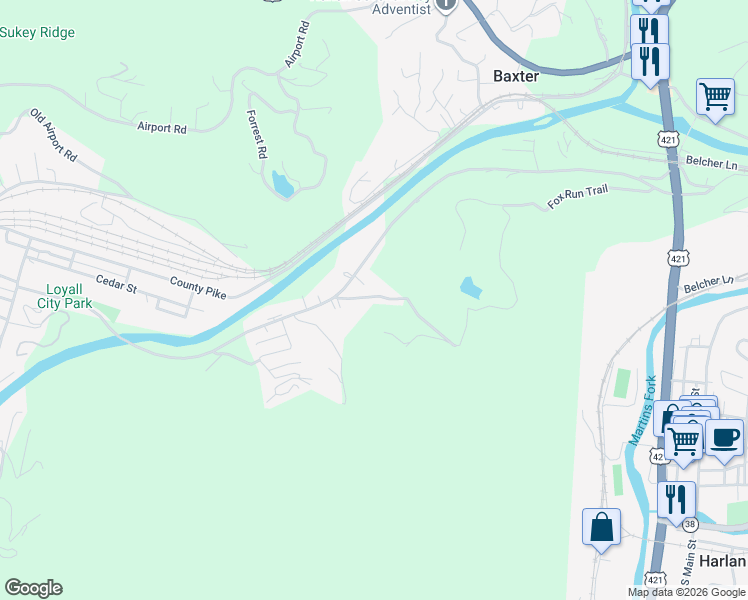 map of restaurants, bars, coffee shops, grocery stores, and more near 94 Wolf Hollow Road in Baxter