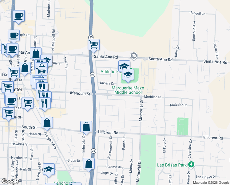 map of restaurants, bars, coffee shops, grocery stores, and more near 751 Monte Carlo Drive in Hollister