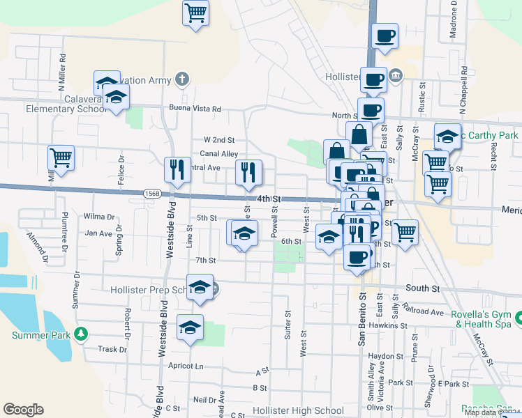 map of restaurants, bars, coffee shops, grocery stores, and more near 648 5th Street in Hollister