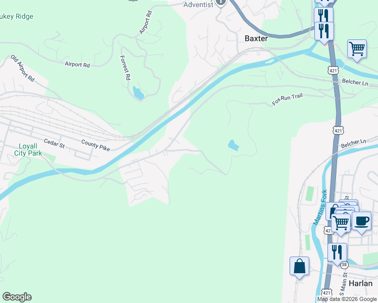 map of restaurants, bars, coffee shops, grocery stores, and more near 94 Wolf Hollow Road in Baxter