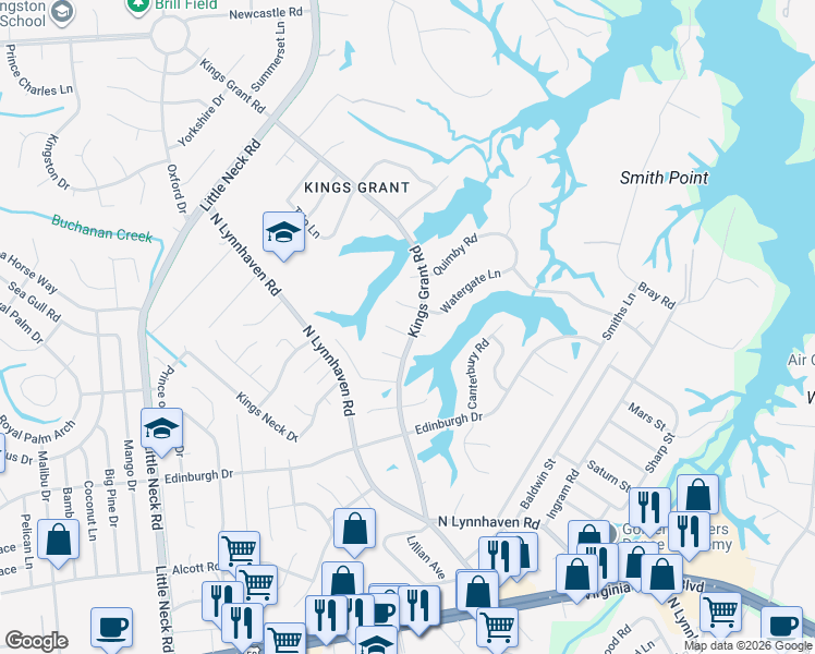 map of restaurants, bars, coffee shops, grocery stores, and more near 533 Kings Grant Road in Virginia Beach