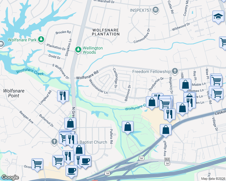 map of restaurants, bars, coffee shops, grocery stores, and more near 774 Westminster Lane in Virginia Beach