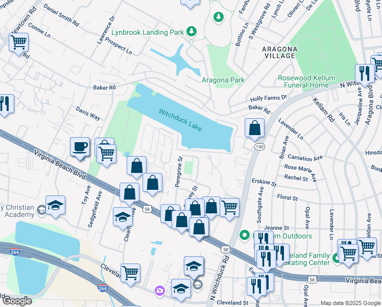 map of restaurants, bars, coffee shops, grocery stores, and more near 528 Peregrine Street in Virginia Beach