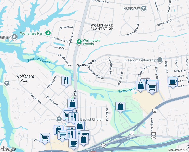 map of restaurants, bars, coffee shops, grocery stores, and more near 418 Sedgewick Court in Virginia Beach