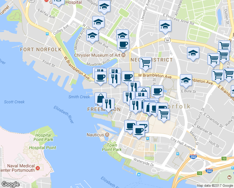 map of restaurants, bars, coffee shops, grocery stores, and more near 311 West Freemason Street in Norfolk