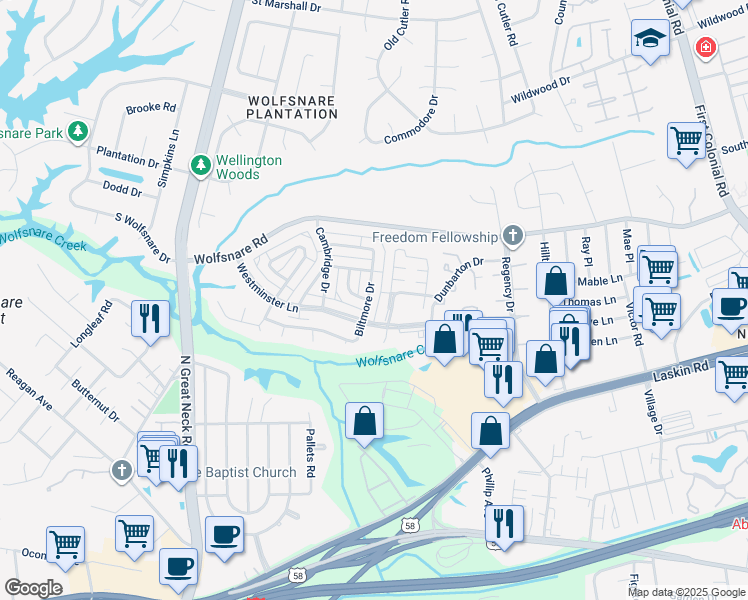 map of restaurants, bars, coffee shops, grocery stores, and more near 720 Biltmore Drive in Virginia Beach