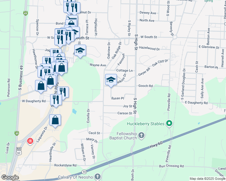 map of restaurants, bars, coffee shops, grocery stores, and more near 1703 Susan Place in Neosho