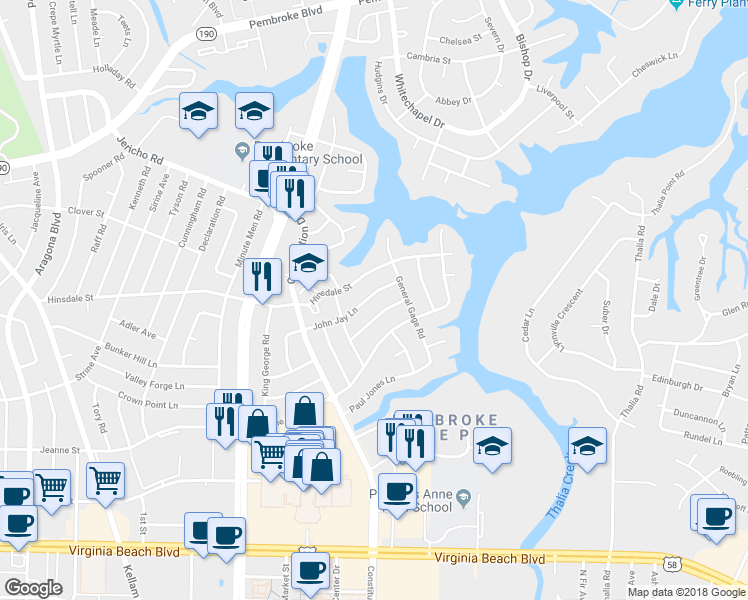 map of restaurants, bars, coffee shops, grocery stores, and more near 4417 John Jay Lane in Virginia Beach