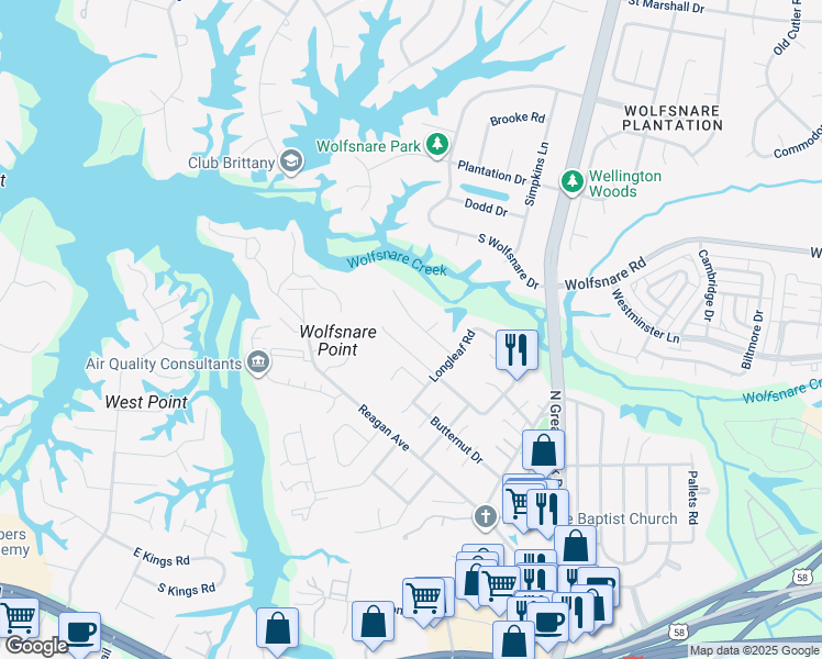 map of restaurants, bars, coffee shops, grocery stores, and more near 2525 Torrey Place in Virginia Beach