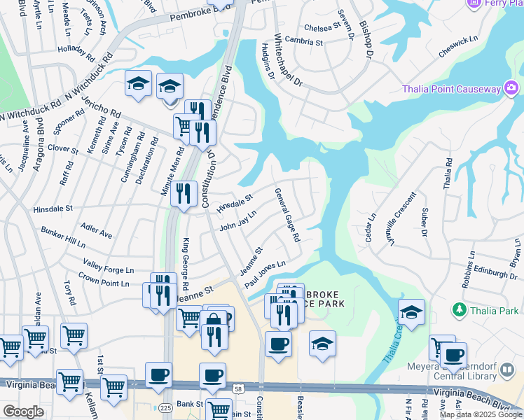 map of restaurants, bars, coffee shops, grocery stores, and more near 4417 John Jay Lane in Virginia Beach