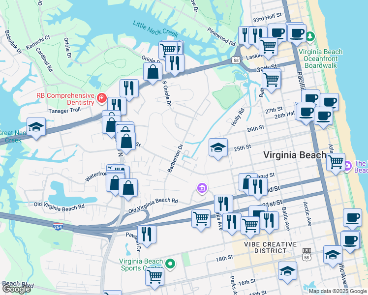 map of restaurants, bars, coffee shops, grocery stores, and more near 602 Seawatch Cove in Virginia Beach