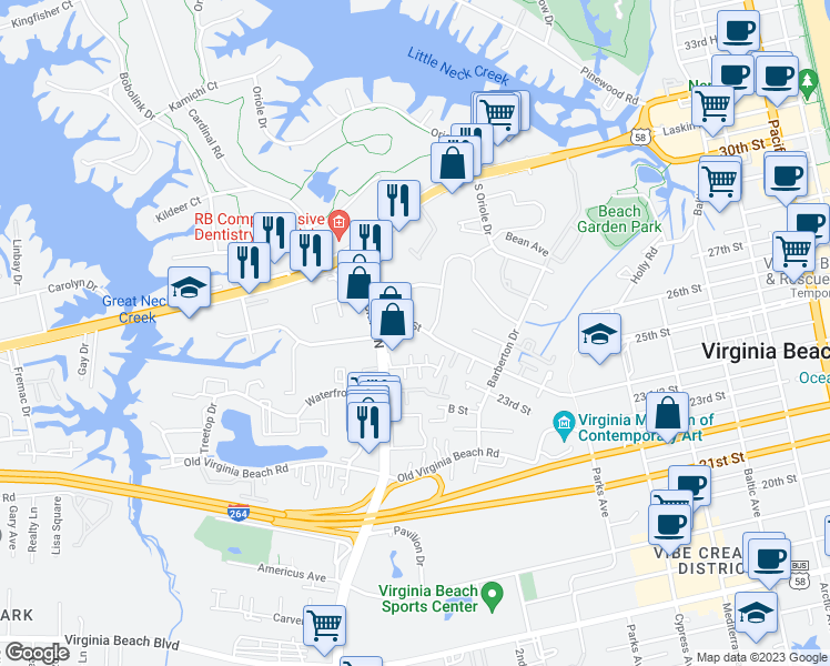 map of restaurants, bars, coffee shops, grocery stores, and more near 1001 24th Street in Virginia Beach