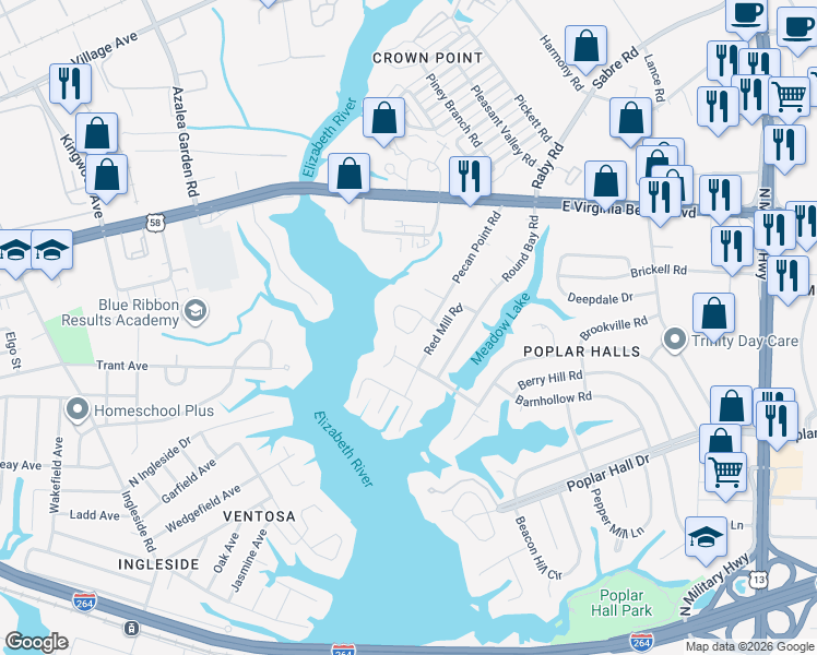 map of restaurants, bars, coffee shops, grocery stores, and more near 5215 Doswell Street in Norfolk