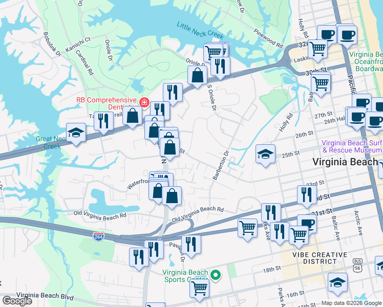 map of restaurants, bars, coffee shops, grocery stores, and more near 952 24th Street in Virginia Beach