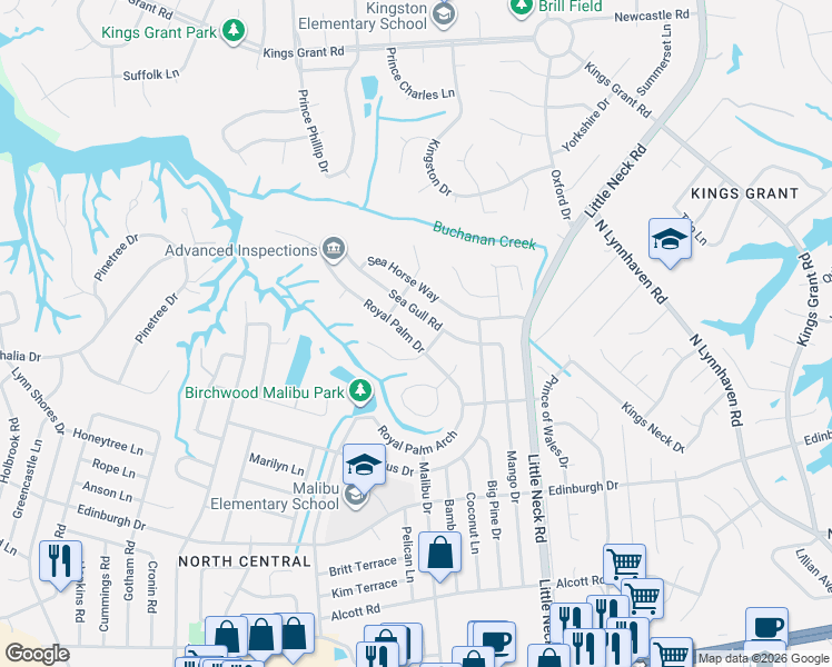 map of restaurants, bars, coffee shops, grocery stores, and more near 540 Royal Palm Drive in Virginia Beach