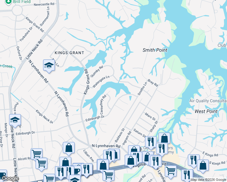 map of restaurants, bars, coffee shops, grocery stores, and more near 548 Canterbury Road in Virginia Beach