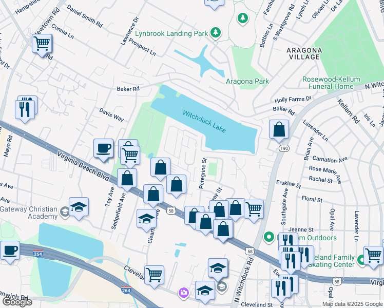 map of restaurants, bars, coffee shops, grocery stores, and more near 485 Adkins Arch in Virginia Beach