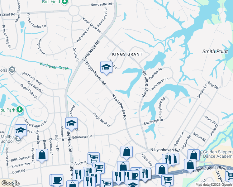 map of restaurants, bars, coffee shops, grocery stores, and more near 3232 Sunnybrook Lane in Virginia Beach