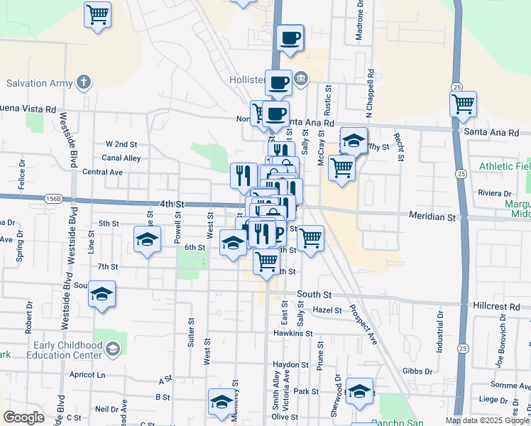 map of restaurants, bars, coffee shops, grocery stores, and more near 400 San Benito Street in Hollister
