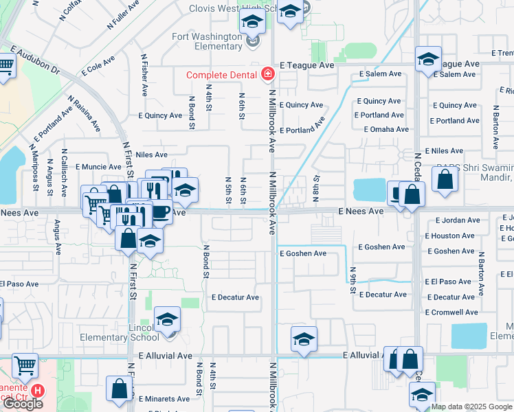 map of restaurants, bars, coffee shops, grocery stores, and more near 987 East Kenosha Avenue in Fresno