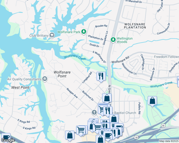 map of restaurants, bars, coffee shops, grocery stores, and more near 521 Longleaf Road in Virginia Beach