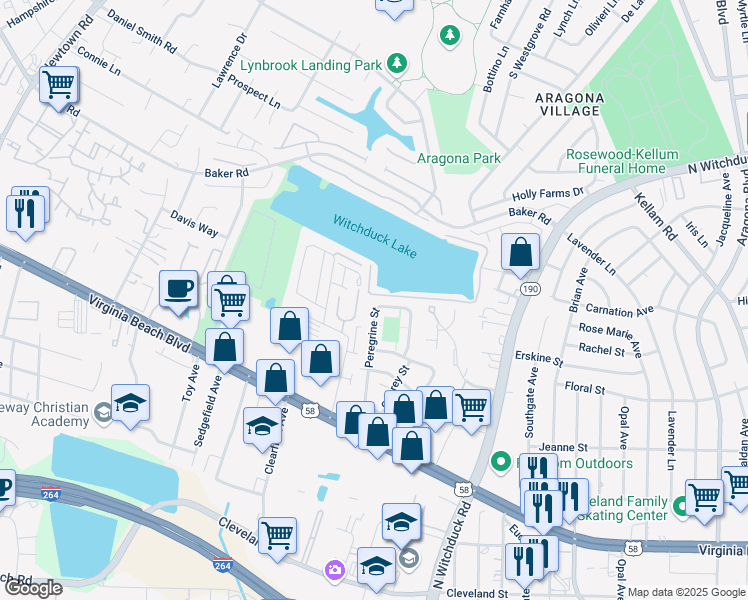 map of restaurants, bars, coffee shops, grocery stores, and more near 466 Peregrine Street in Virginia Beach