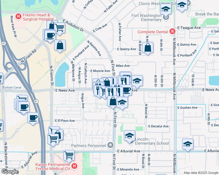 map of restaurants, bars, coffee shops, grocery stores, and more near 540 East Nees Avenue in Fresno