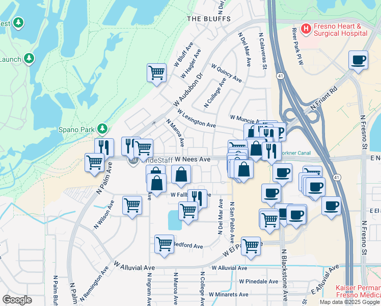 map of restaurants, bars, coffee shops, grocery stores, and more near 344 West Nees Avenue in Fresno
