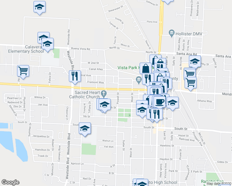 map of restaurants, bars, coffee shops, grocery stores, and more near 648 5th Street in Hollister