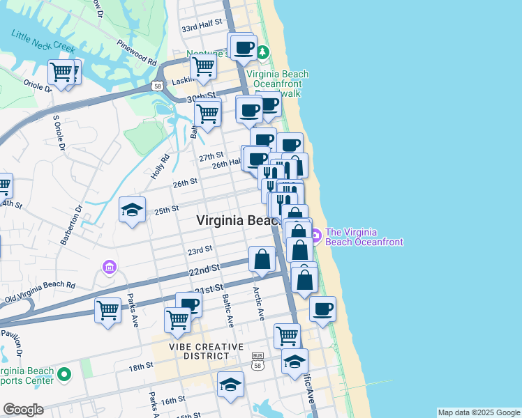 map of restaurants, bars, coffee shops, grocery stores, and more near 309 24th Street in Virginia Beach