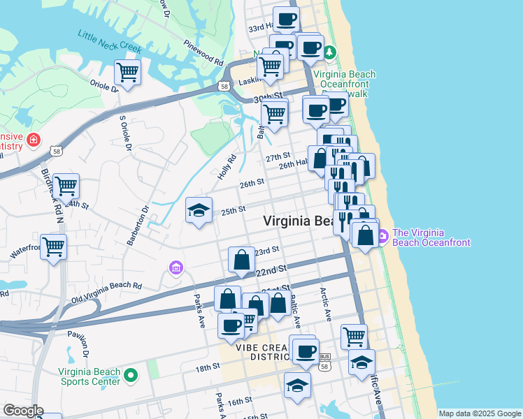 map of restaurants, bars, coffee shops, grocery stores, and more near 527 24 1/2 Street in Virginia Beach