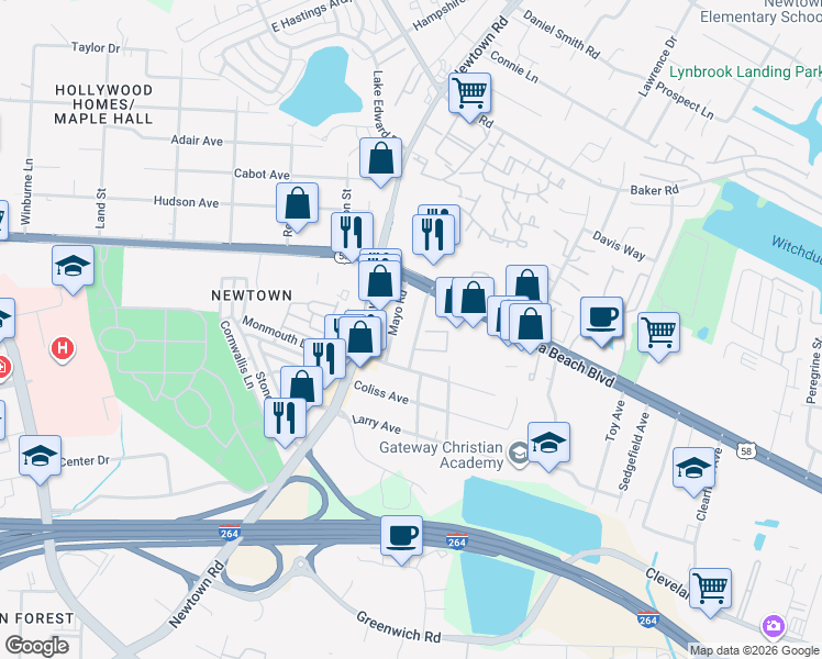 map of restaurants, bars, coffee shops, grocery stores, and more near 5585 Virginia Beach Boulevard in Virginia Beach