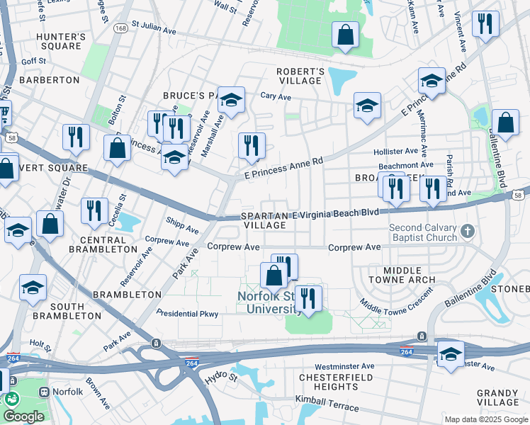 map of restaurants, bars, coffee shops, grocery stores, and more near 2323 East Virginia Beach Boulevard in Norfolk