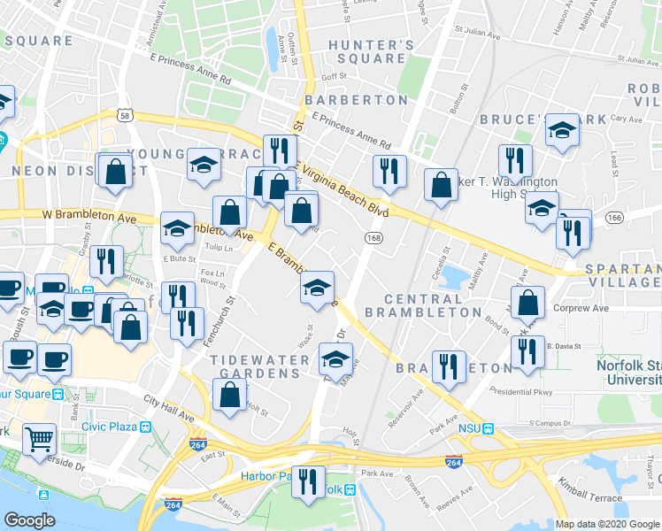 map of restaurants, bars, coffee shops, grocery stores, and more near 726 Roswell Avenue in Norfolk