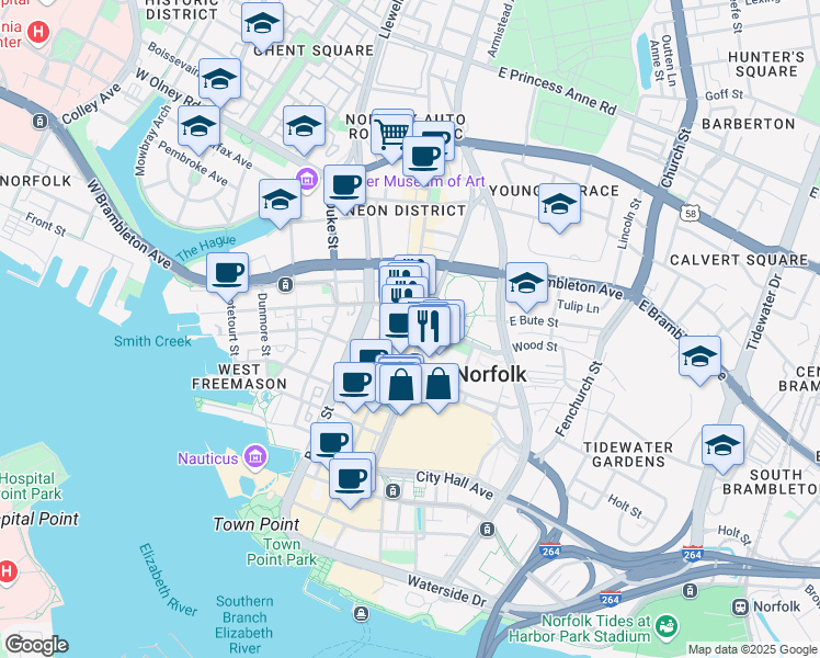 map of restaurants, bars, coffee shops, grocery stores, and more near 435 Monticello Avenue in Norfolk